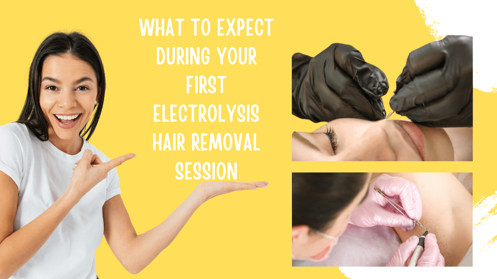 The text Can You Get Electrolysis Hair Removal While Pregnant on the left hand side with a woman gesturing as if she's holding it and on the right are pictures of electrologist doing an electrolysis service