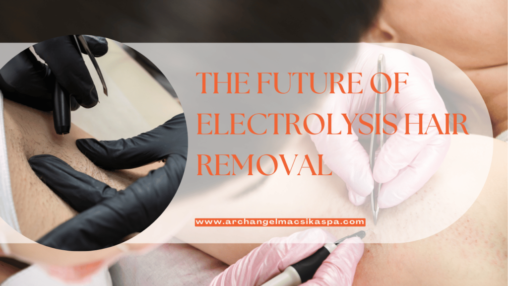 This contain an image of an electrologist caring out an electrolysis service on a client in the background and another picture of an electrolysis service in a circle at the left.