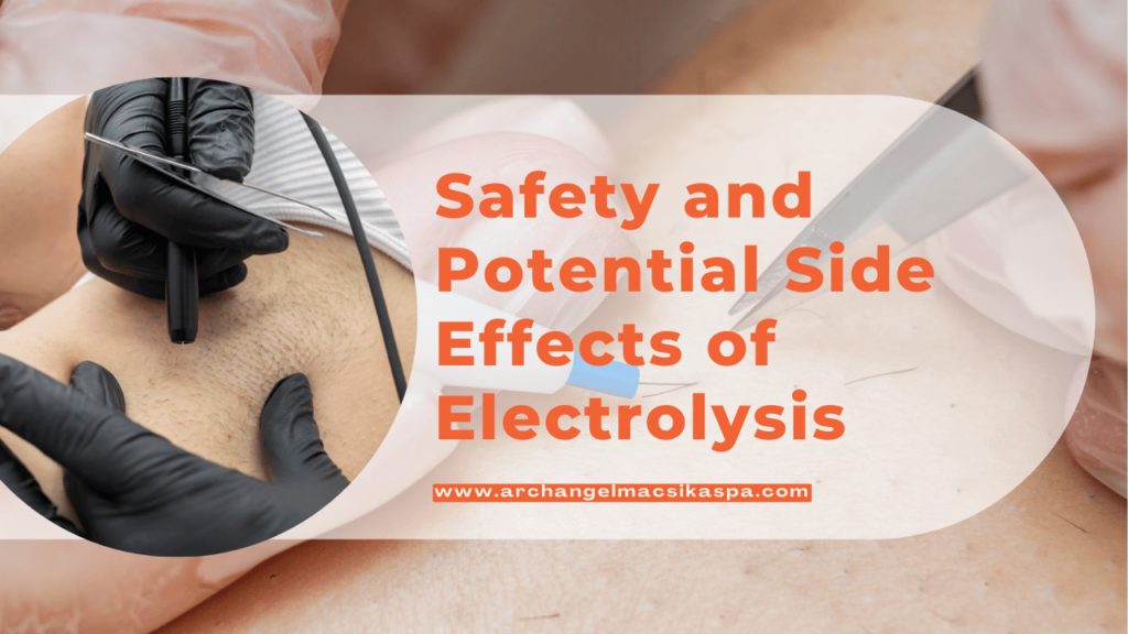 A background of an electrologists doing electrolysis on a clients and also an electrologists doing electrolysis on a clients and also a write up that says "Safety and Potential Side Effects of Electrolysis"